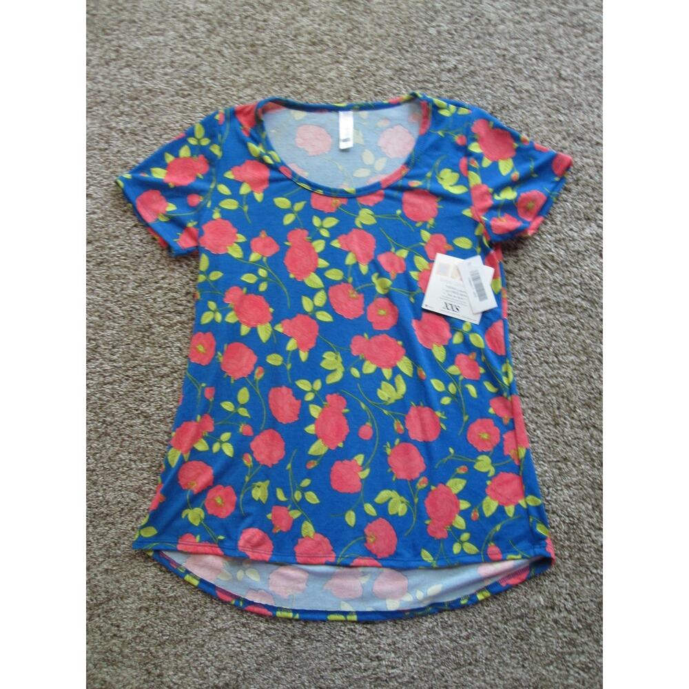 New LuLaRoe Classic T Shirt Top Womans XXS‎ Comfy Blue with Pink Roses Floral!